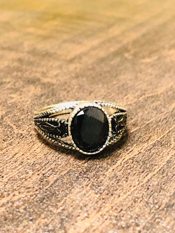 Intricate Baroque Opulence: Men's Ring with Black Zircon Stone