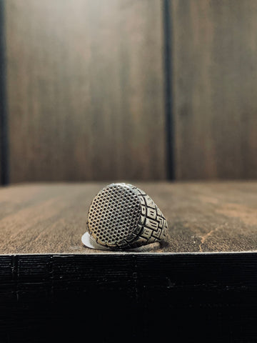 Pyramid Enigma: Silver Dot Signet Patterned Embroidered Ring