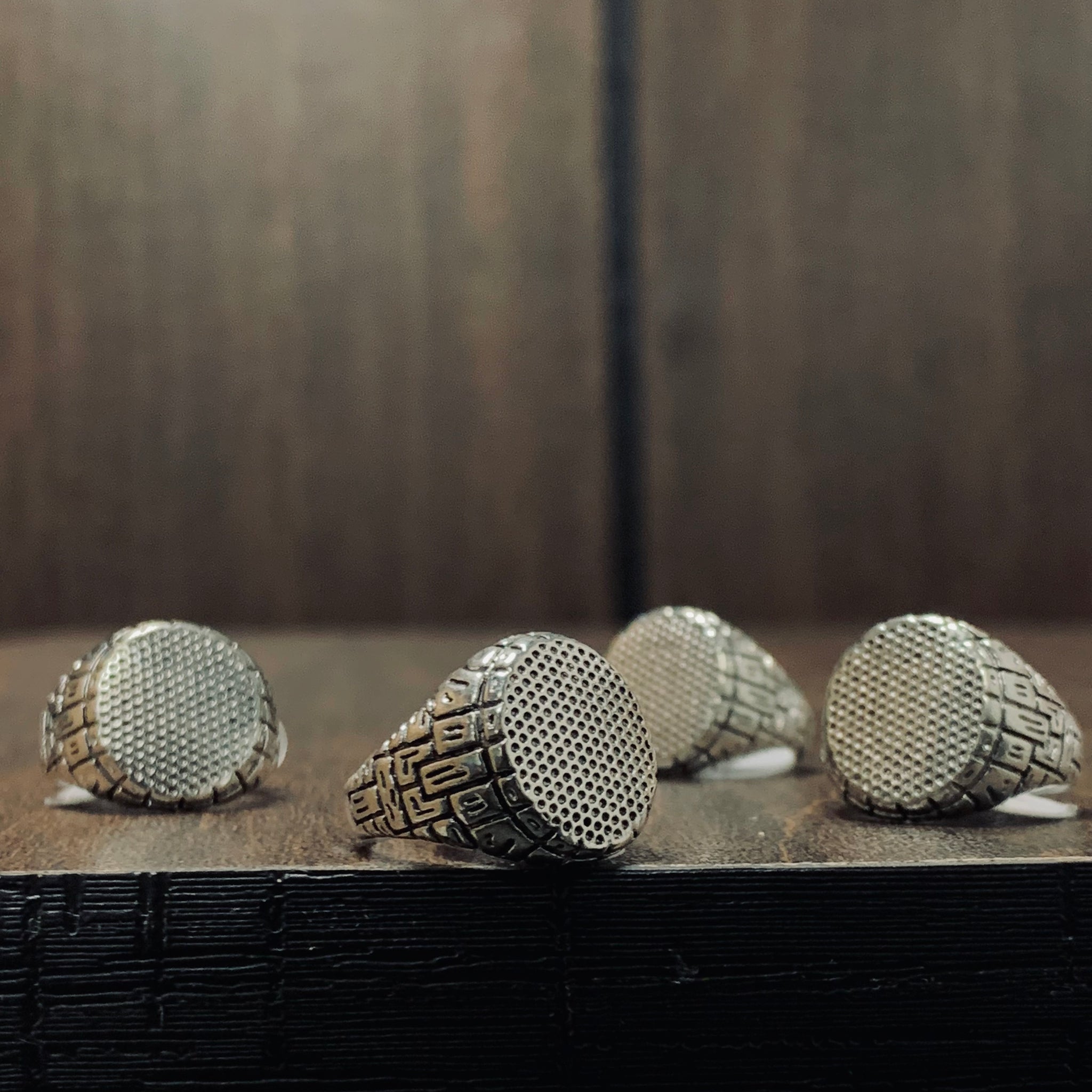 Pyramid Enigma: Silver Dot Signet Patterned Embroidered Ring