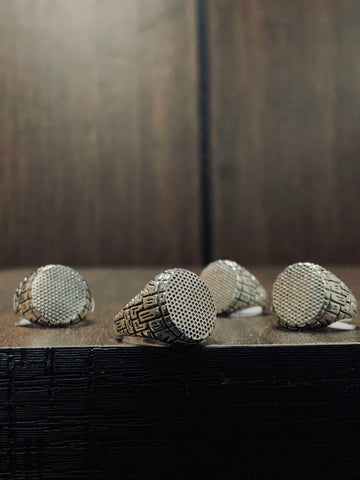 Pyramid Enigma: Silver Dot Signet Patterned Embroidered Ring