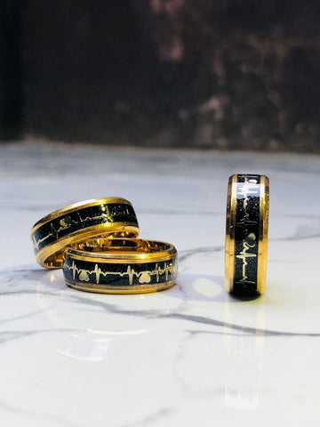 Luminous ECG Black and Gold Promise Heartbeat Ring Glowing Jewelry for Men Women